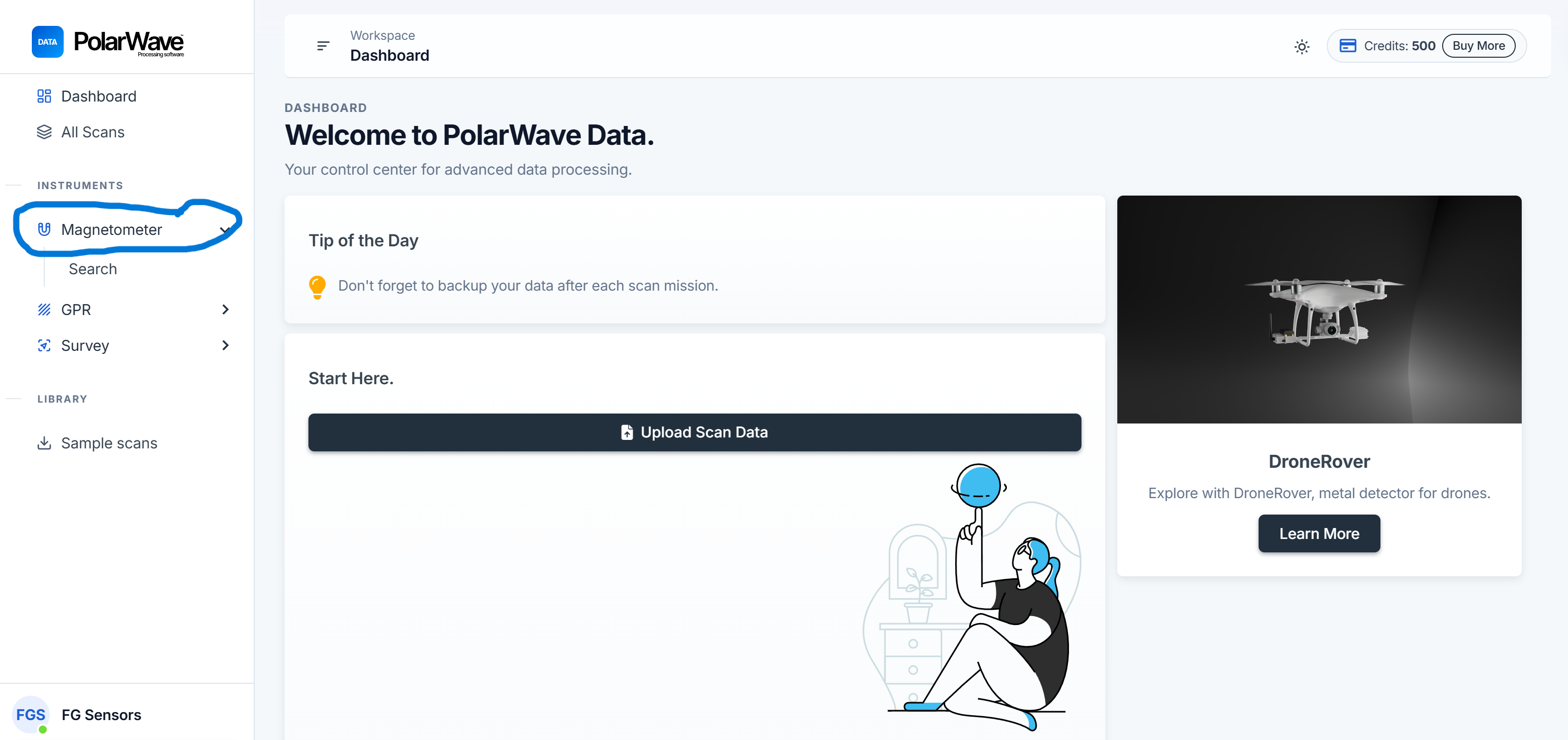 PolarWave Data dashboard — click Magnetometer in the left sidebar under Instruments