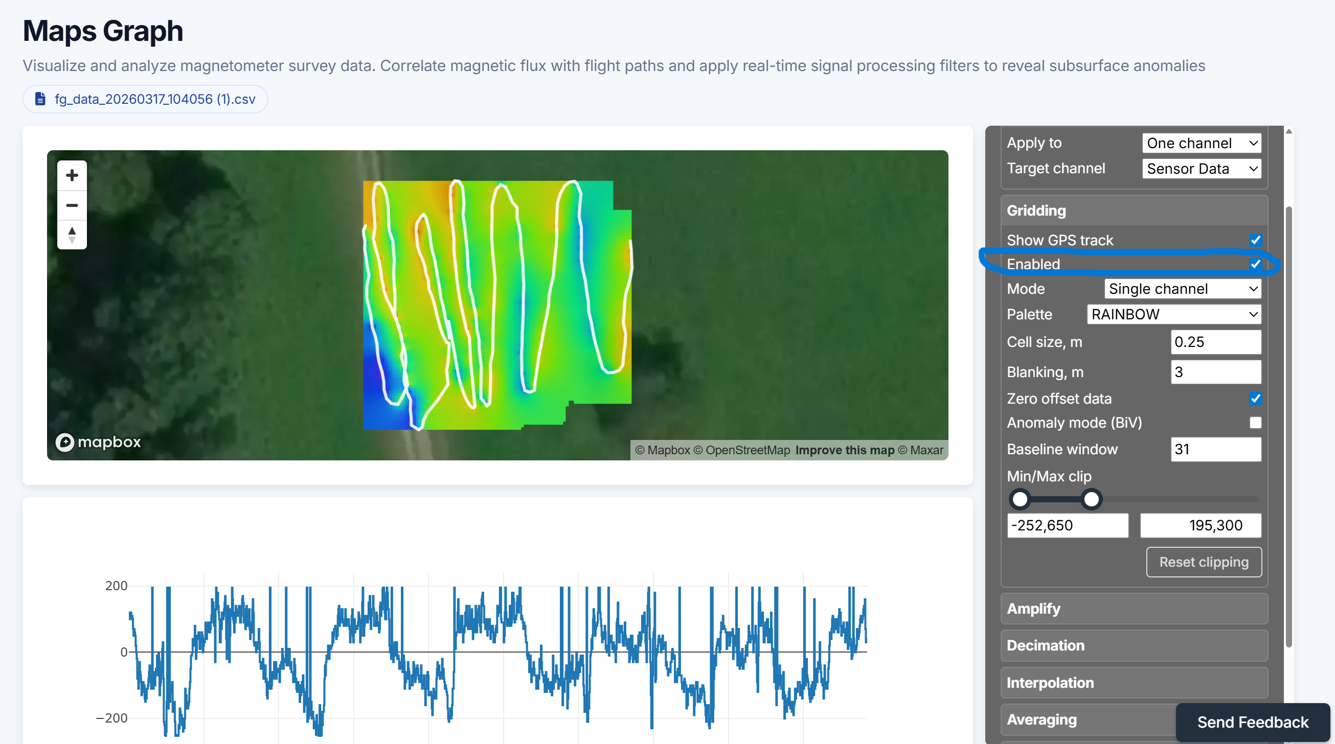 PolarWave Data — Gridding toggle enabled showing the colour-coded scan on the map