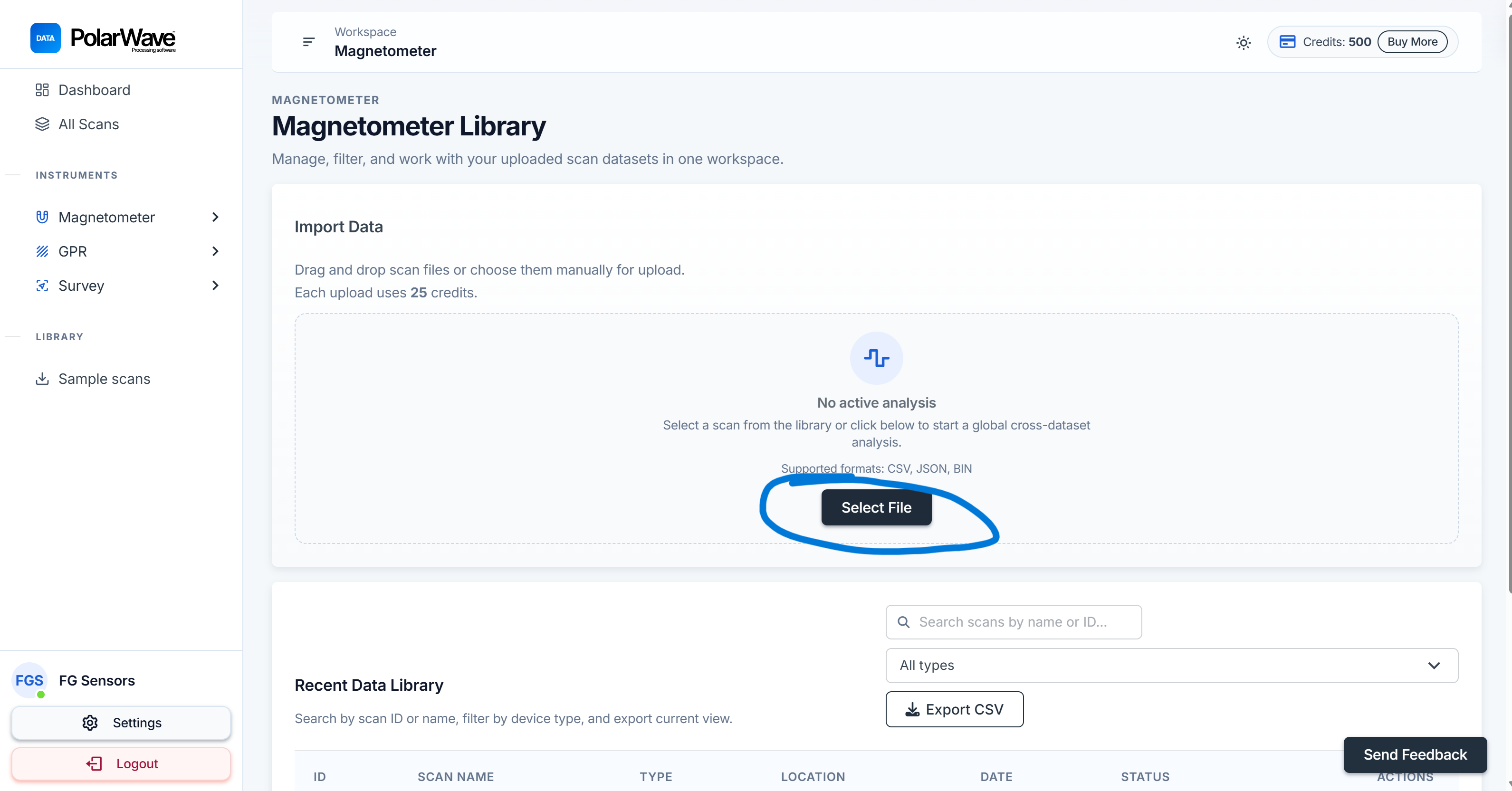 PolarWave Data Magnetometer Library — click Select File to upload your scan