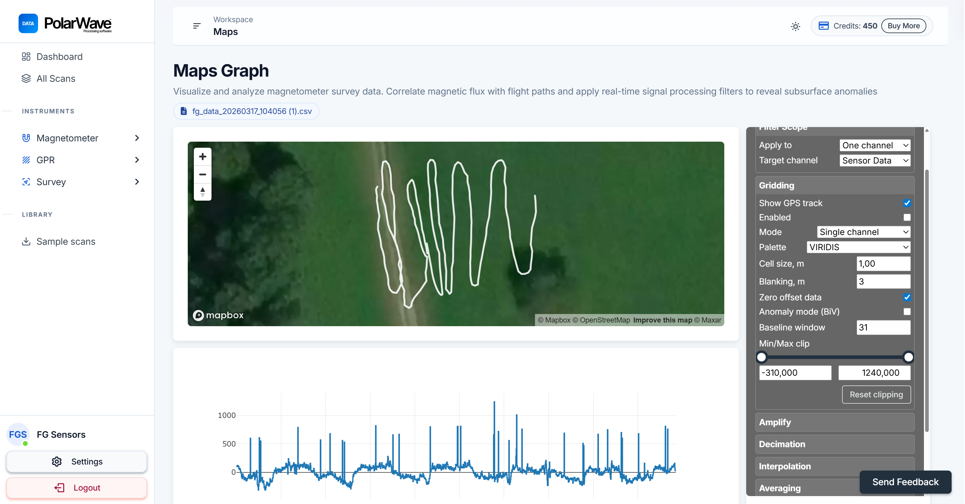 PolarWave Data — Maps view showing the GPS track and satellite map overlay
