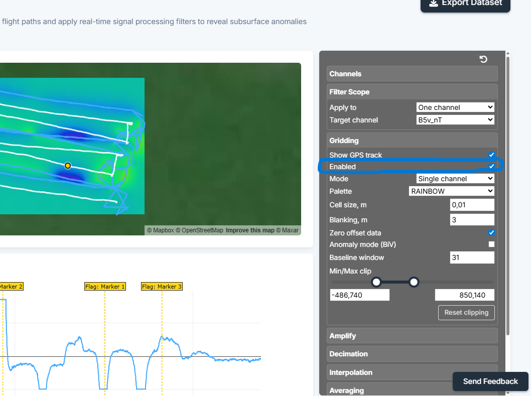 PolarWave Data — Gridding-Schalter aktiviert in der FGA Logger Explorer-Ansicht