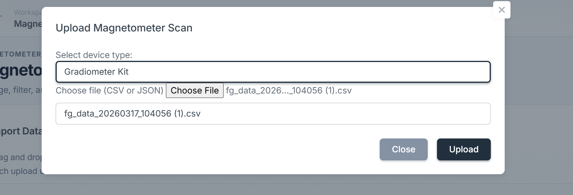 Upload Magnetometer Scan-Dialog — Gerätetyp auswählen und Datei wählen