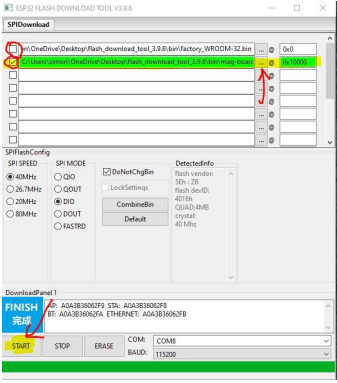 ESP32 Flash Download Tool — select mag_board_v1.32.bin and click START
