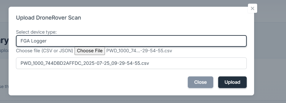 PolarWave Data — liste déroulante Device Type pour le FGA Logger