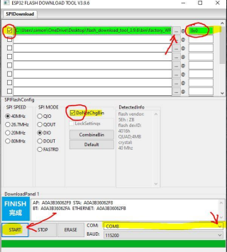 ESP32 Flash Download Tool — click START